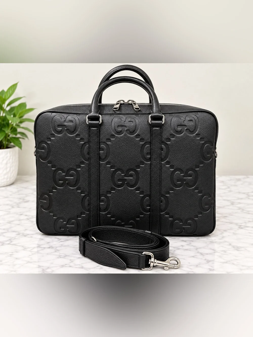 NWT Gucci Black Embossed GG Leather Briefcase with Detachable Strap